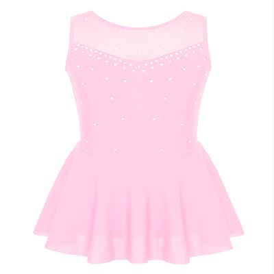 Hansber Girls Sleeveless Rhinestone Mesh Back Leotard Tutu Skirts Figure Ice Skating Dress Ballet Dancewear Pink 8 Years