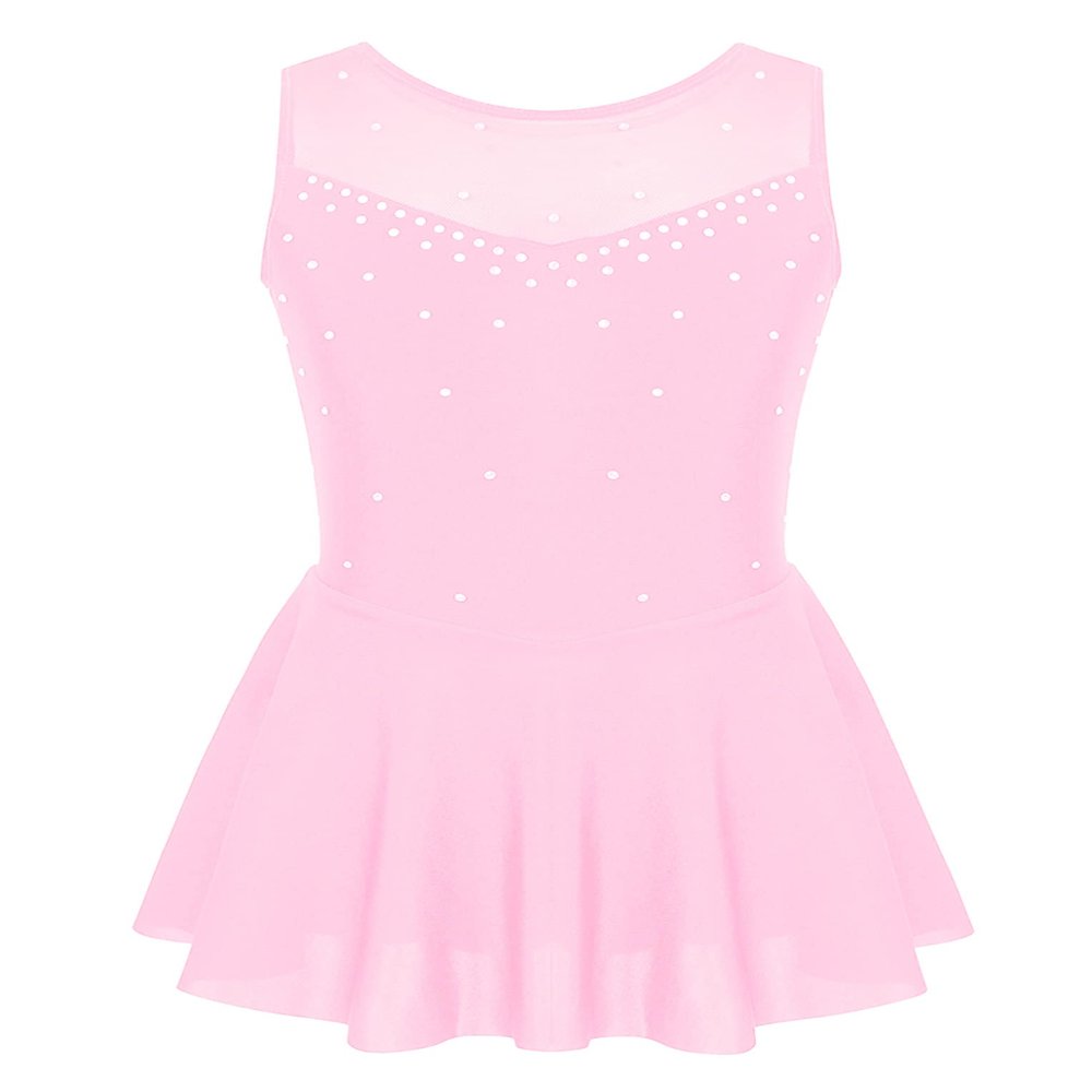 Hansber Girls Sleeveless Rhinestone Mesh Back Leotard Tutu Skirts Figure Ice Skating Dress Ballet Dancewear Pink 8 Years