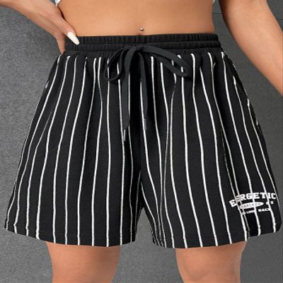 ABZEKH Shorts for Women Shorts Women's Shorts Striped Print Drawstring Waist Shorts Shorts (Color : Black, Size : Medium)
