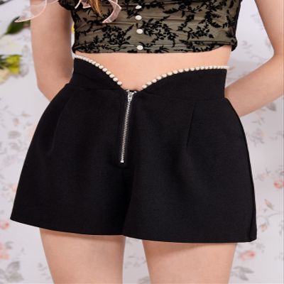 ABZEKH Shorts for Women Shorts Women's Shorts Pearls Beaded Zip Fly Shorts Shorts (Color : Black, Size : Large)