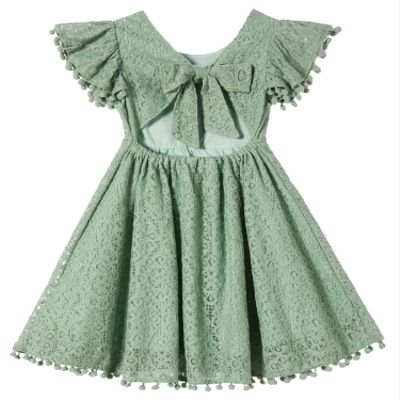 Beganly Toddler Girls Lace Dress Baby Kids Tie Back Bow Pom Pom Ruffle Sleeve Backless Party Princess Dresses Sage Green 100
