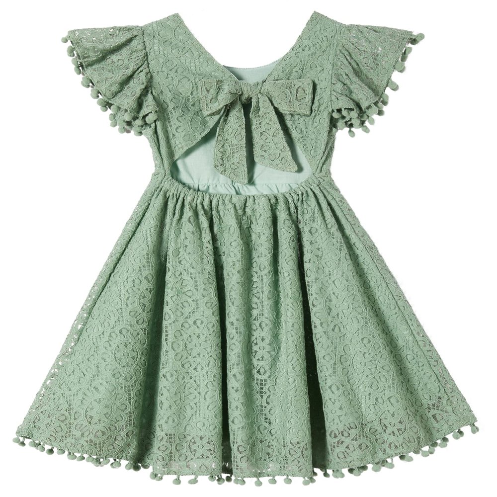 Beganly Toddler Girls Lace Dress Baby Kids Tie Back Bow Pom Pom Ruffle Sleeve Backless Party Princess Dresses Sage Green 100