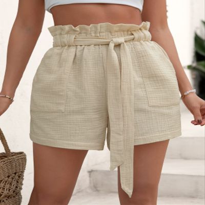 ABZEKH Shorts for Women Shorts Women's Shorts Paperbag Waist Belted Shorts Shorts (Color : Khaki, Size : Small)