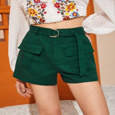 ABZEKH Shorts for Women Shorts Women's Shorts High Waist Flap Pocket Belted Shorts Shorts (Color : Dark Green, Size : X-Small)