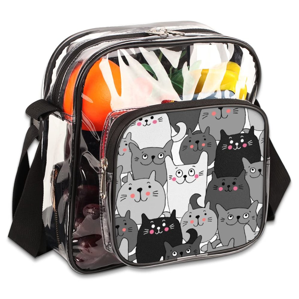 bisibuy Lovely Black And White Cats Clear Crossbody Bag Clear Messenger Bag Shoulder Bags Clear Purse Stadium Approved for Concerts Sports Events Work Travel