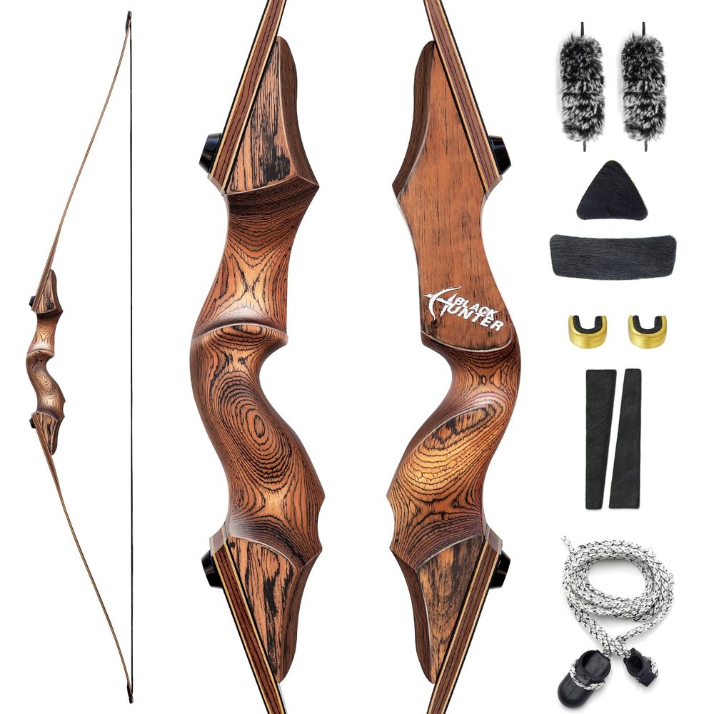 60 Inch Black Hunter Longbow 20-60 Lbs Archery Bow with Stringer Tool Right Hand Hunting Bows for Adults Outdoor Shooting Target Practice (55LBS)