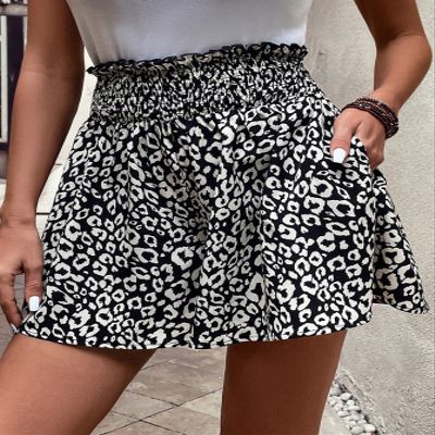 ABZEKH Shorts for Women Shorts Women's Shorts Leopard Print Paperbag Waist Wide Leg Shorts Shorts (Color : Black and White, Size : Small)