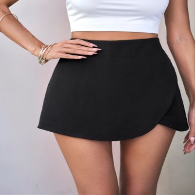 ABZEKH Shorts for Women Shorts Women's Shorts Solid Wrap Front Skort Shorts (Color : Black, Size : Large)