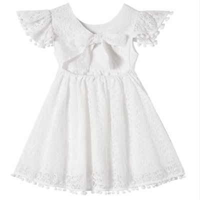 Beganly Toddler Girls Lace Dress Baby Kids Tie Back Bow Pom Pom Ruffle Sleeve Backless Party Princess Dresses White 90
