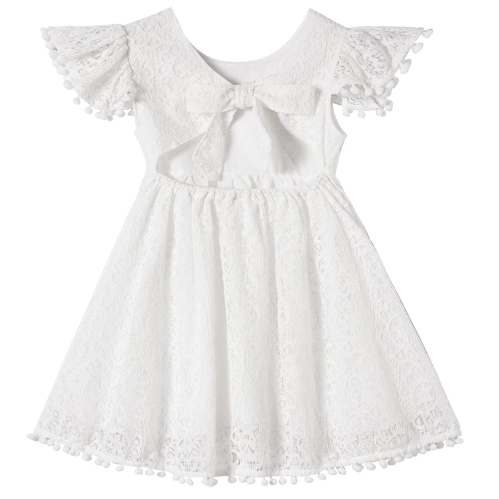 Beganly Toddler Girls Lace Dress Baby Kids Tie Back Bow Pom Pom Ruffle Sleeve Backless Party Princess Dresses White 90