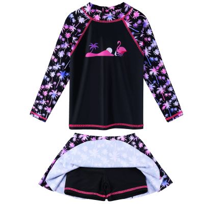 Girl's Two-Piece Long Sleeve Swimsuits UPF50+ Rash Guard Set Kids Bathing Suit S379_BlackCocoTree_12A