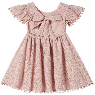 Niyage Tie-Back Toddler Dress Girls Lace Bow Backless Pom Pom Flutter Sleeves Party Princess Dresses Dusty Pink 110