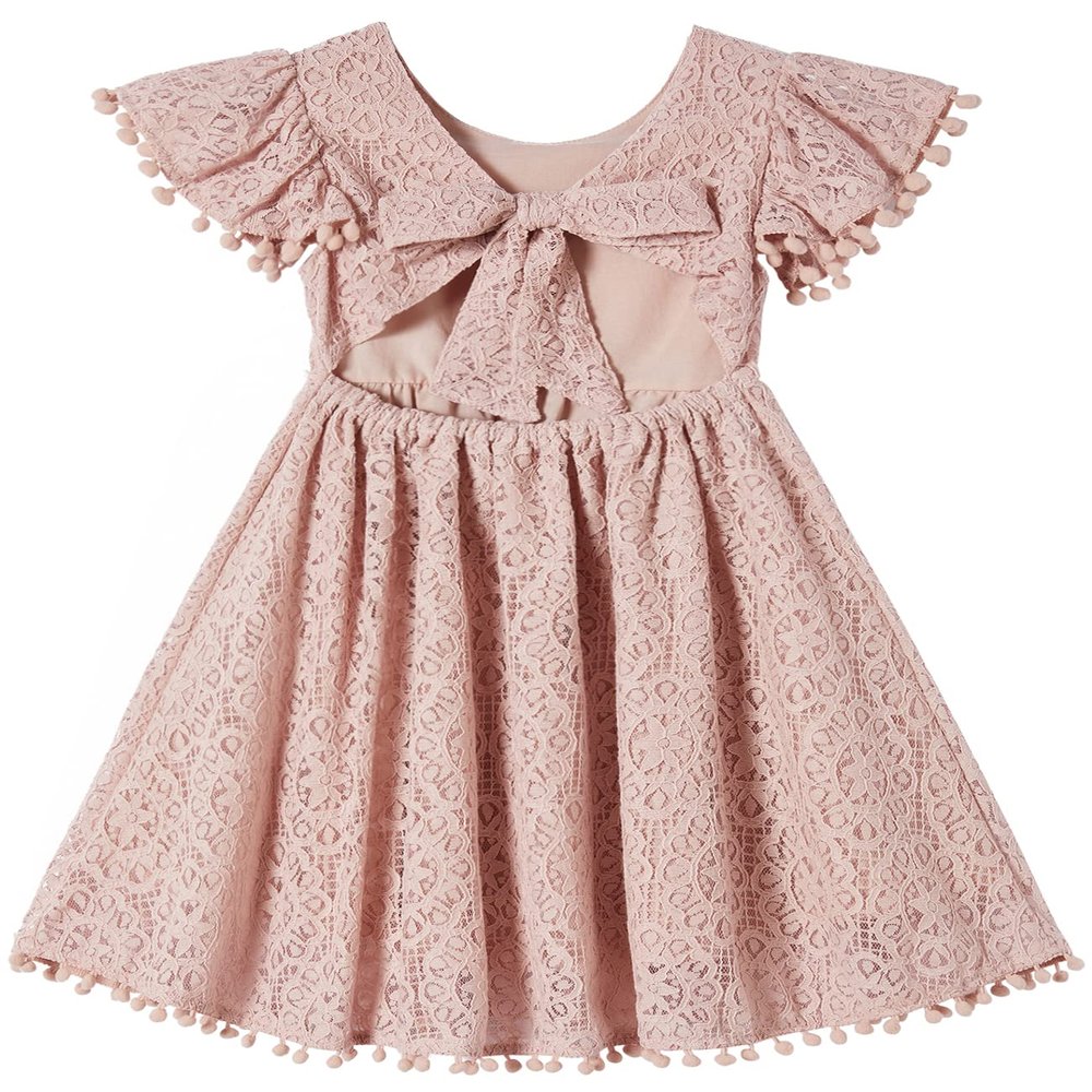 Niyage Tie-Back Toddler Dress Girls Lace Bow Backless Pom Pom Flutter Sleeves Party Princess Dresses Dusty Pink 110