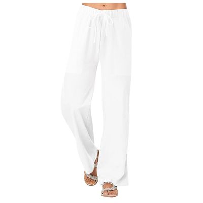YOLAI Women's Linen Solid Pants Drawstring Loose Casual Wide Leg Pants High Waist Lightweight Trousers with Pockets (White, M)