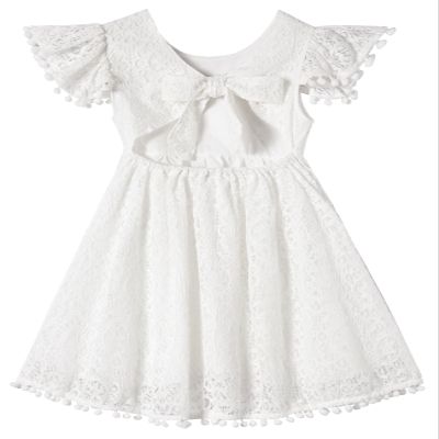 Niyage Tie-Back Toddler Dress Girls Lace Bow Backless Pom Pom Flutter Sleeves Party Princess Dresses White 80