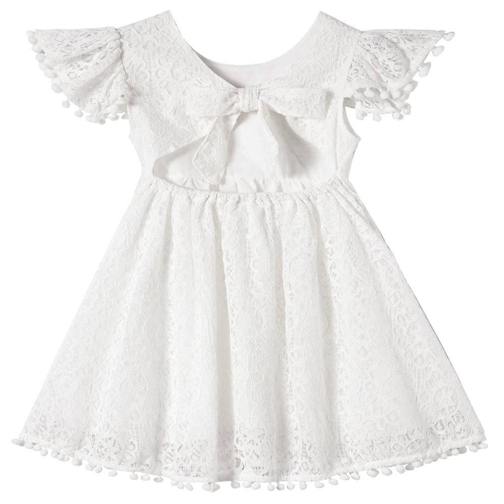 Niyage Tie-Back Toddler Dress Girls Lace Bow Backless Pom Pom Flutter Sleeves Party Princess Dresses White 130