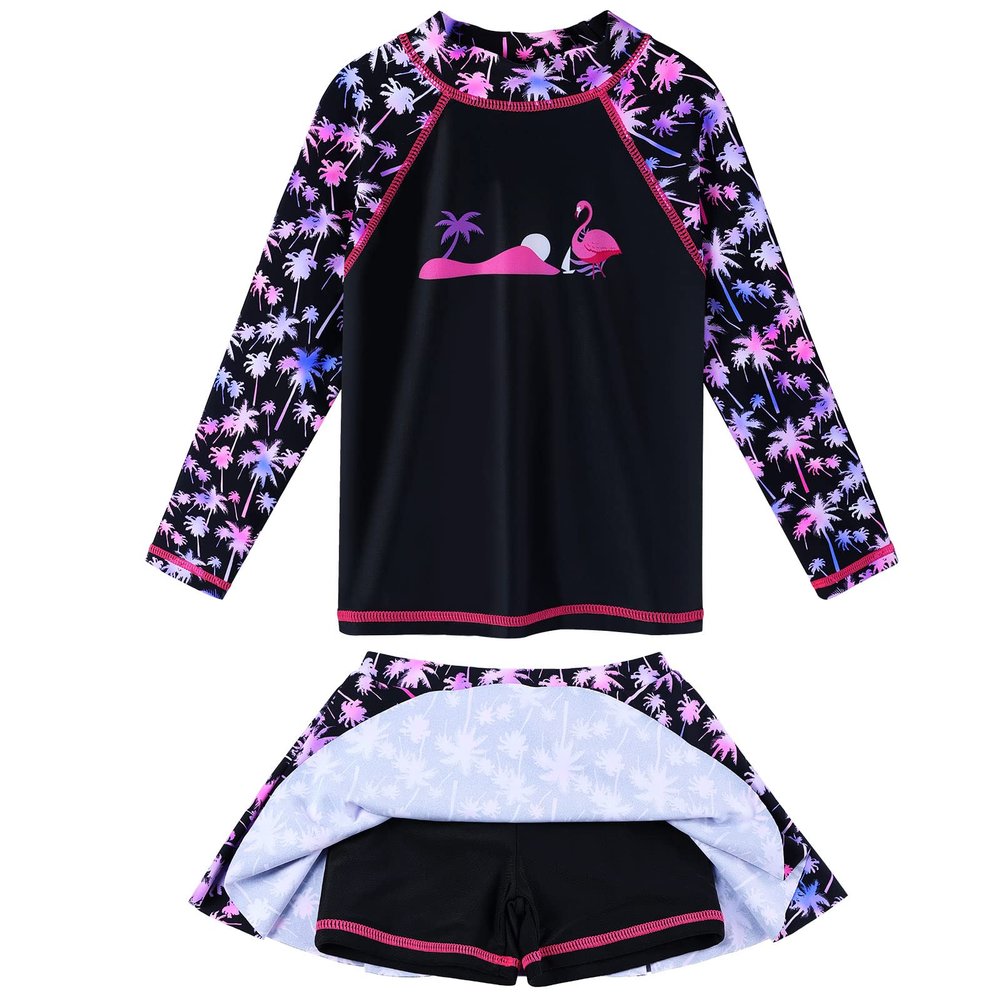 Girl's Two-Piece Long Sleeve Swimsuits UPF50+ Rash Guard Set Kids Bathing Suit S379_BlackCocoTree_4A