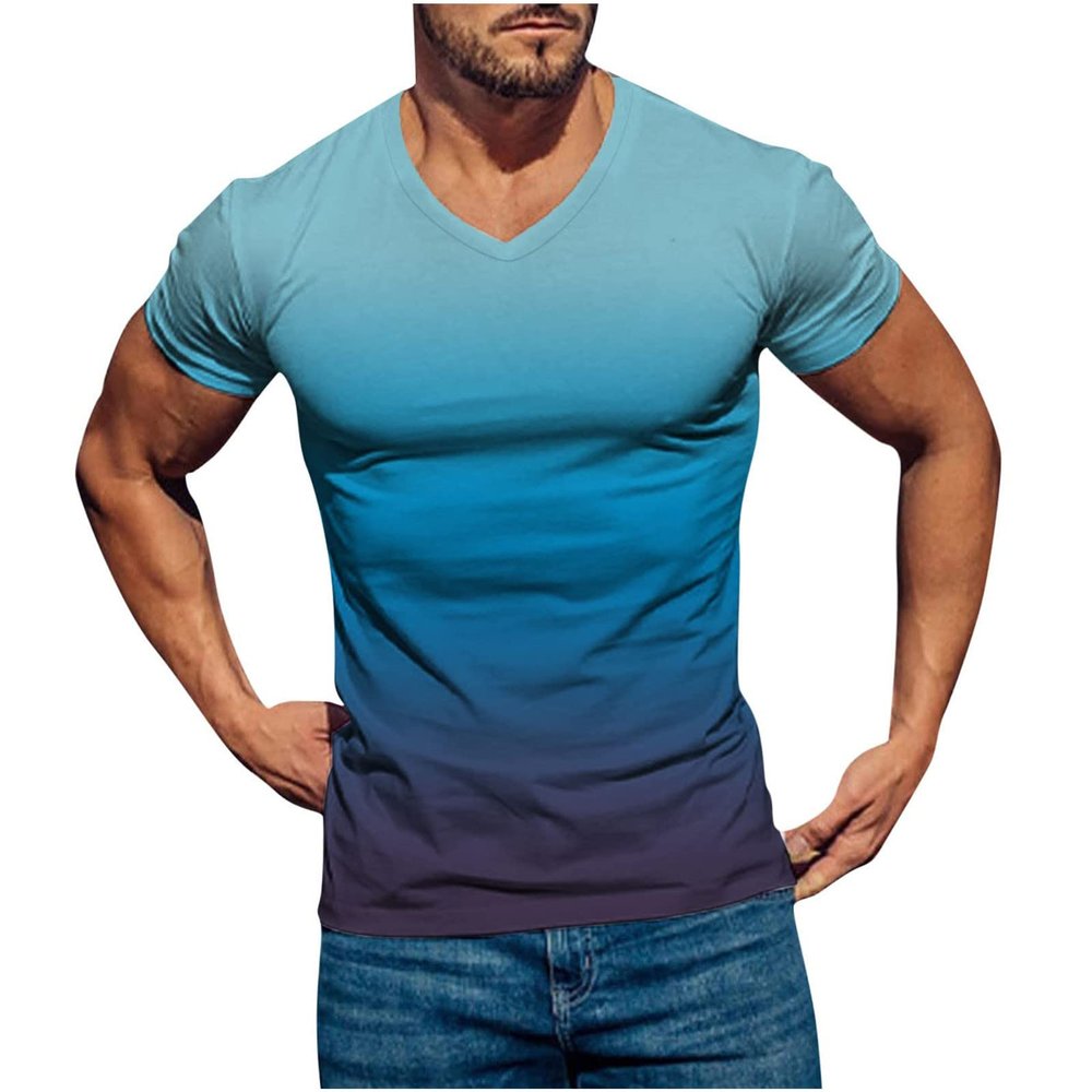 Muscularfit Shirts for Men Fashion Short Sleeve V Neck Sport Fitness Muscle Tee Summer Casual Stylish Gradient Color T Shirt
