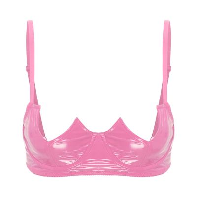 Daenrui Woman's Lace Push Up Underwire Shelf Bra Crop Top Hollow Out Open Nipples Unlined Bra Bralette Hot Pink H Small