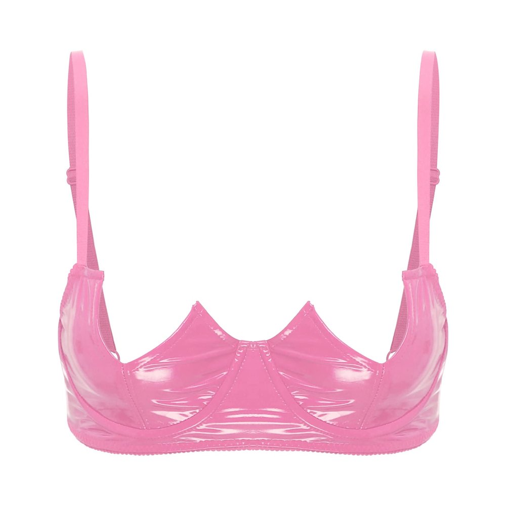 Daenrui Woman's Lace Push Up Underwire Shelf Bra Crop Top Hollow Out Open Nipples Unlined Bra Bralette Hot Pink H Small