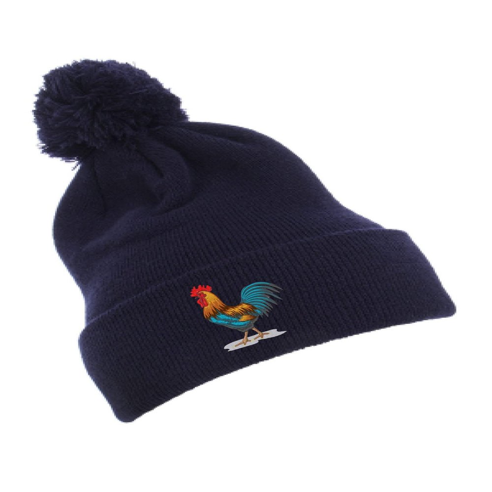 ALLNTRENDS Colorful Rooster Embroidered Adult Pom Beanie Warm Winter Hat (Navy Blue)