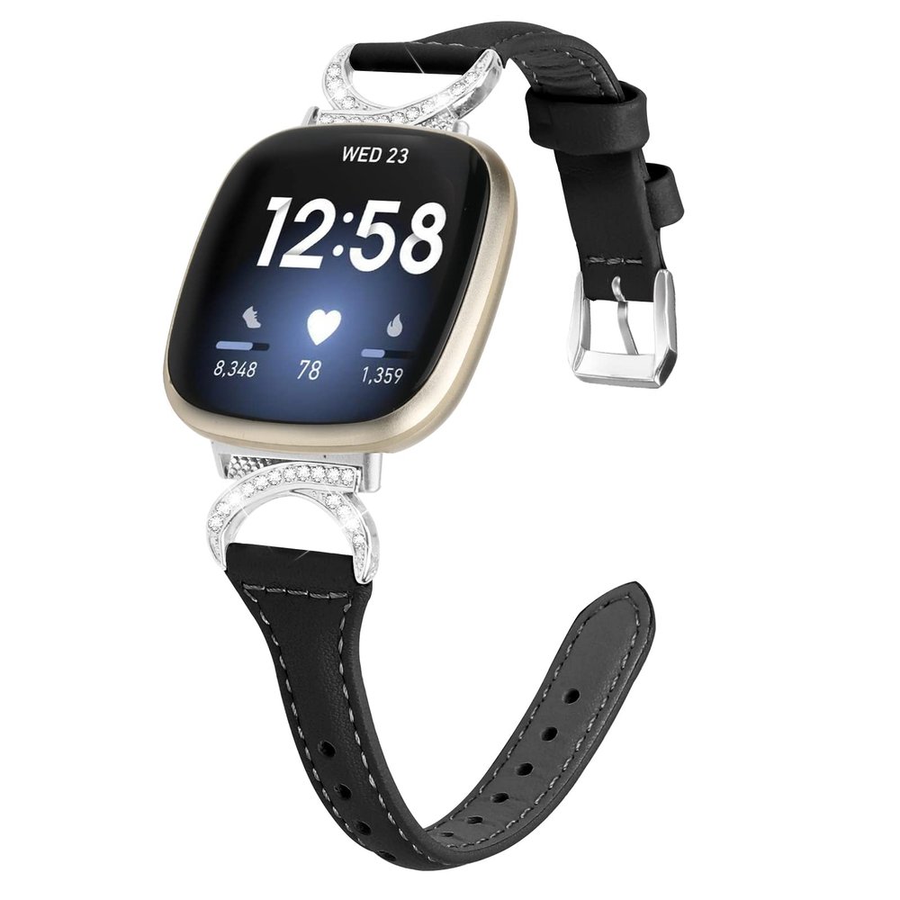 Gimuk Leather Strap Compatible with Fitbit Versa 4/Sense 2 Strap, Women Girls Genuine Leather Sport Band Metal Bling Rhinestone Replacement Strap Wristband for Fitbit Versa 3/Sense (Black)