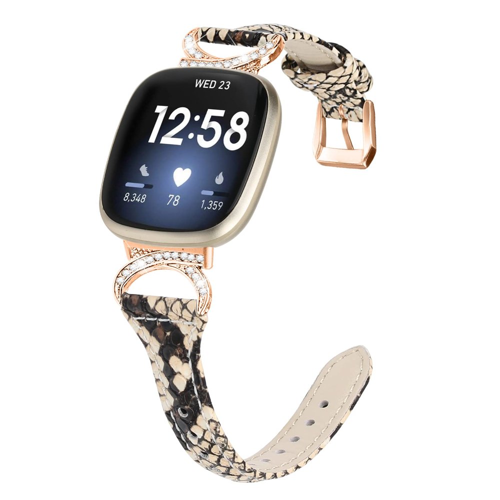 Gimuk Leather Strap Compatible with Fitbit Versa 4/Sense 2 Strap, Women Girls Genuine Leather Sport Band Metal Bling Rhinestone Replacement Wristband Bracelet for Fitbit Versa 3/Sense (Snakeskin/Rose Gold)