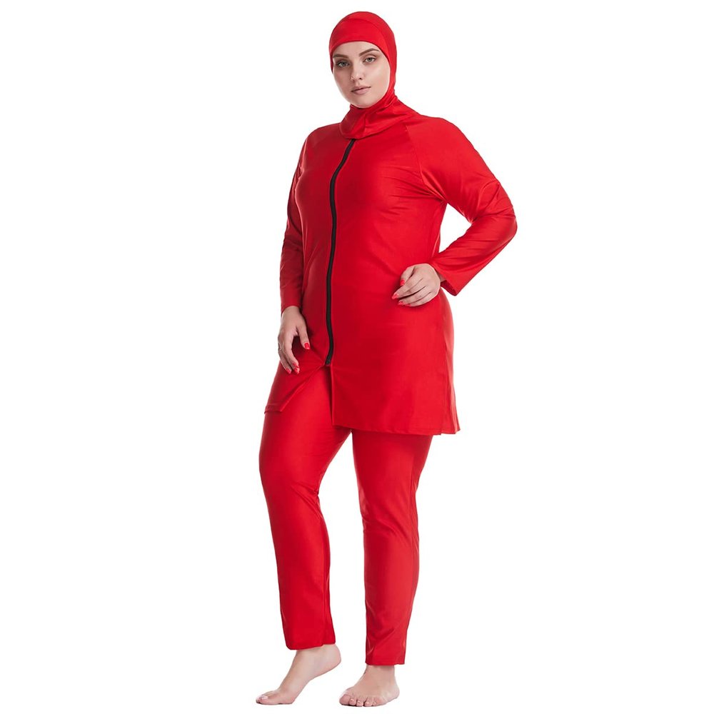 Plus Size Modest Swimsuits for Women Full Body Islamic Burkini Muslim Swimwear Swim Top Pants Hijab Red 6XL