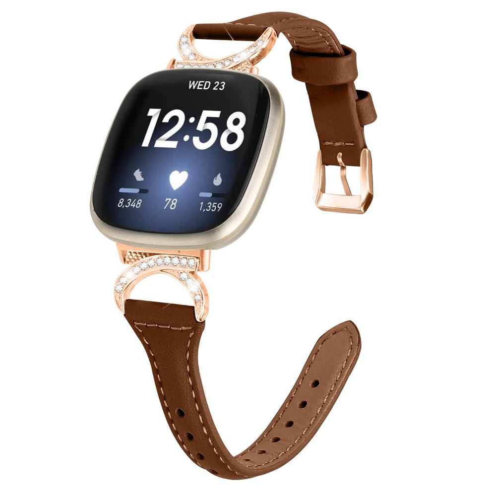 Gimuk Leather Strap Compatible with Fitbit Versa 4/Sense 2 Strap, Women Girls Genuine Leather Sport Band Metal Bling Rhinestone Replacement Strap Wristband for Fitbit Versa 3/Sense (Brown/Rose Gold)