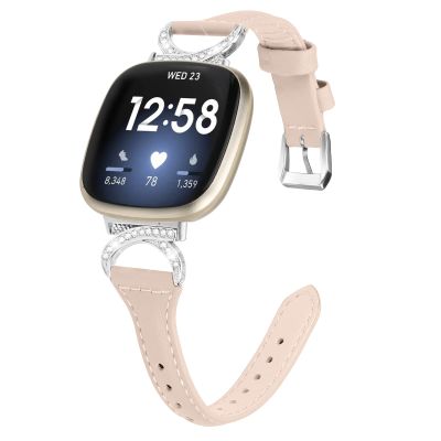 Gimuk Leather Strap Compatible with Fitbit Versa 4/Sense 2 Strap, Women Girls Genuine Leather Sport Band Metal Bling Rhinestone Replacement Strap Wristband for Fitbit Versa 3/Sense (Apricot)