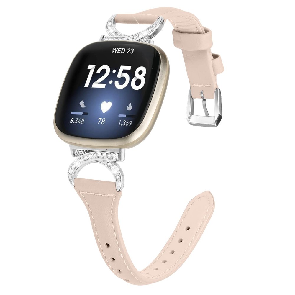Gimuk Leather Strap Compatible with Fitbit Versa 4/Sense 2 Strap, Women Girls Genuine Leather Sport Band Metal Bling Rhinestone Replacement Strap Wristband for Fitbit Versa 3/Sense (Apricot)