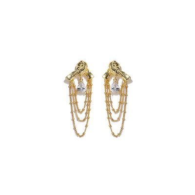 MAYJAI Brass plated 18K stylish teardrop shaped zircon tassel stud earrings