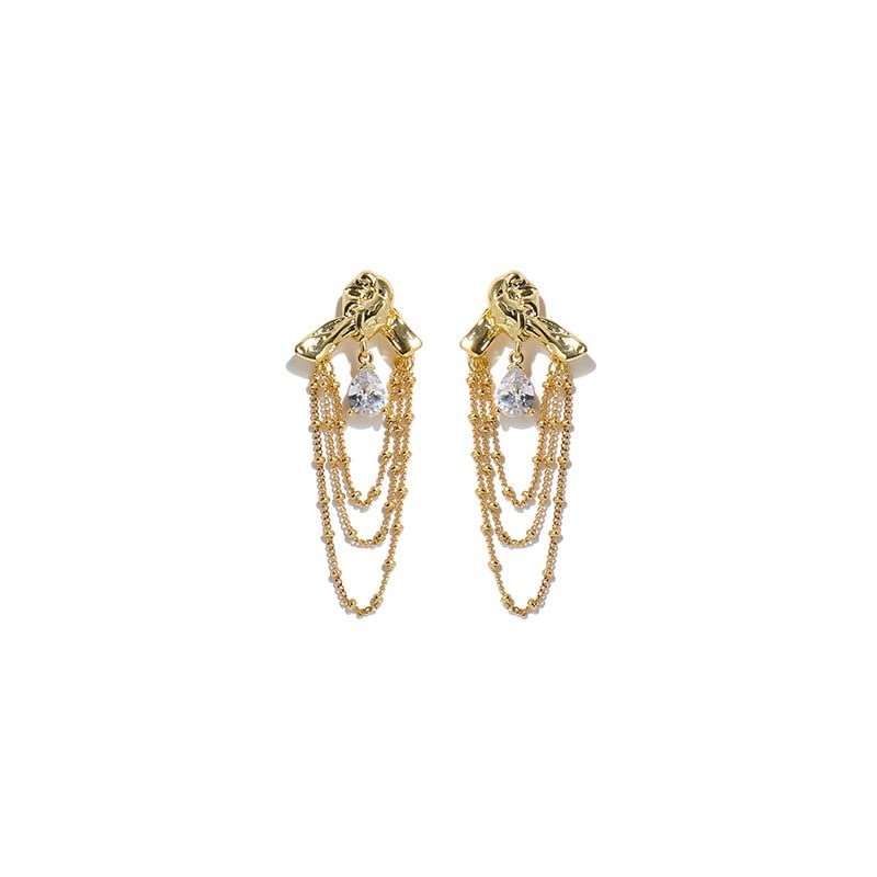 MAYJAI Brass plated 18K stylish teardrop shaped zircon tassel stud earrings