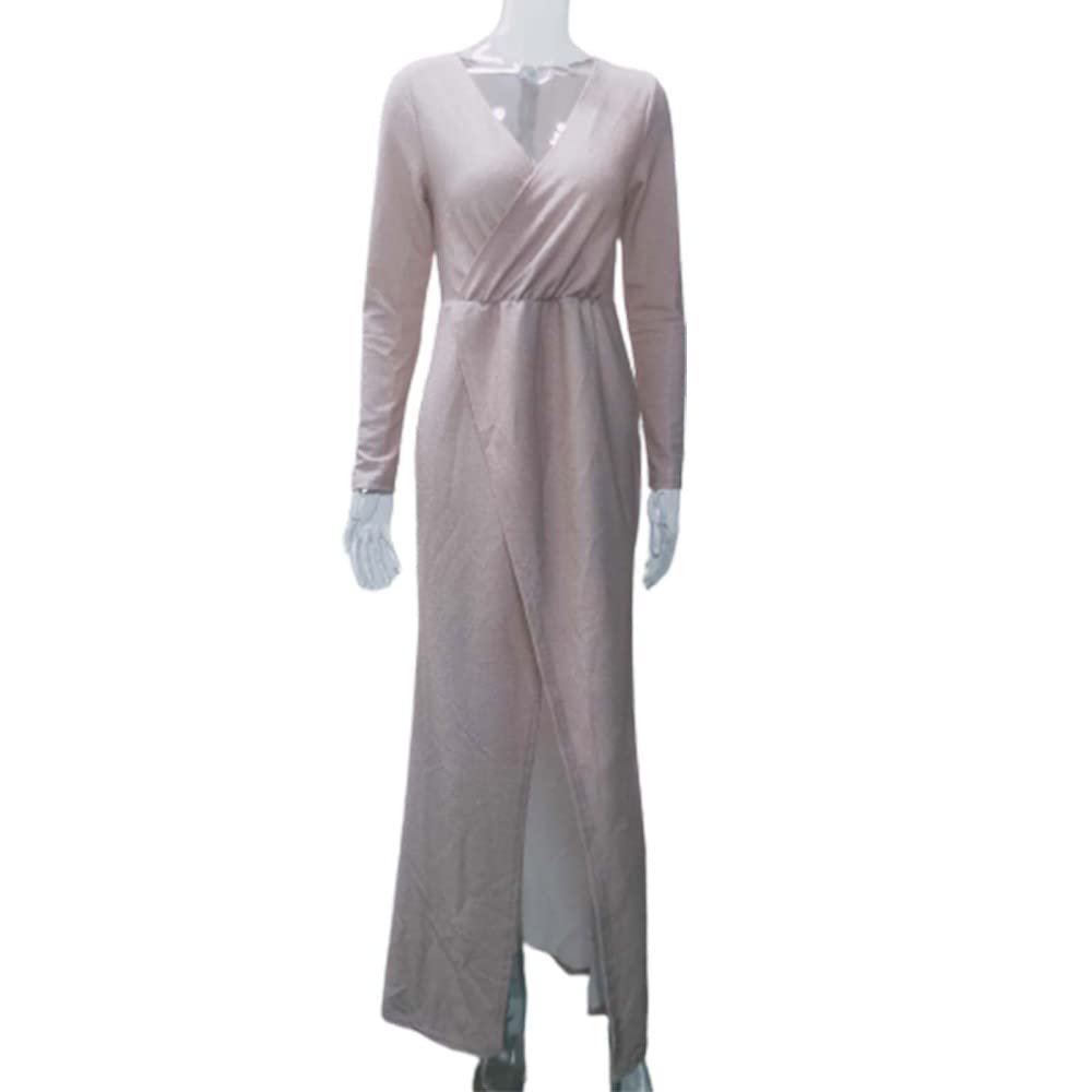 Babale Women's Long Formal Dress Bodycon Women Solid Color Long Sleeve V-Neck Dress Wedding Guest Dresses for Women