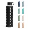 purifyou 40oz / 32oz / 22oz / 12oz Borosilicate Glass Water Bottle with Time & Volume Markers, Silicone Sleeve, Stainless Steel Lid | Reusable Glass Bottle for Water & Juice (32oz Jet Black) view 1