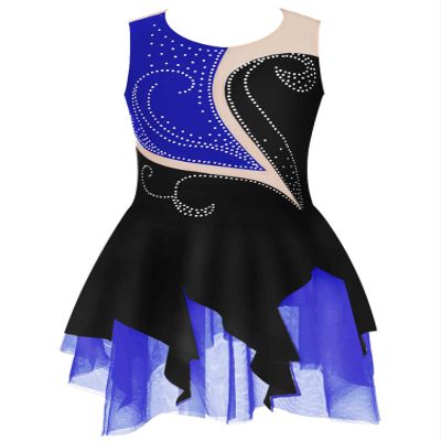 Aislor Girls Sleeveless Figure Ice Roller Skating Dress Rhinestone Gymnastic Leotard Competition Costume Skating wear Blue&Black 12 Years