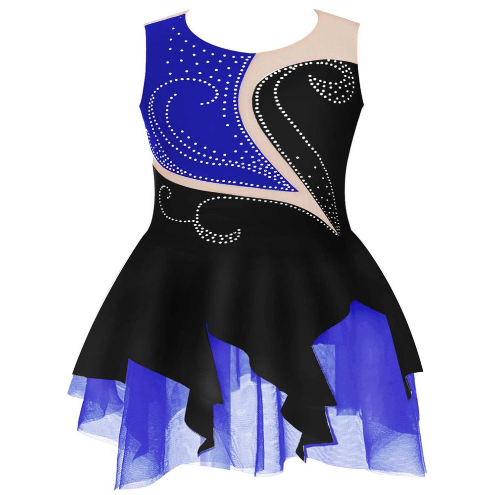 Aislor Girls Sleeveless Figure Ice Roller Skating Dress Rhinestone Gymnastic Leotard Competition Costume Skating wear Blue&Black 12 Years