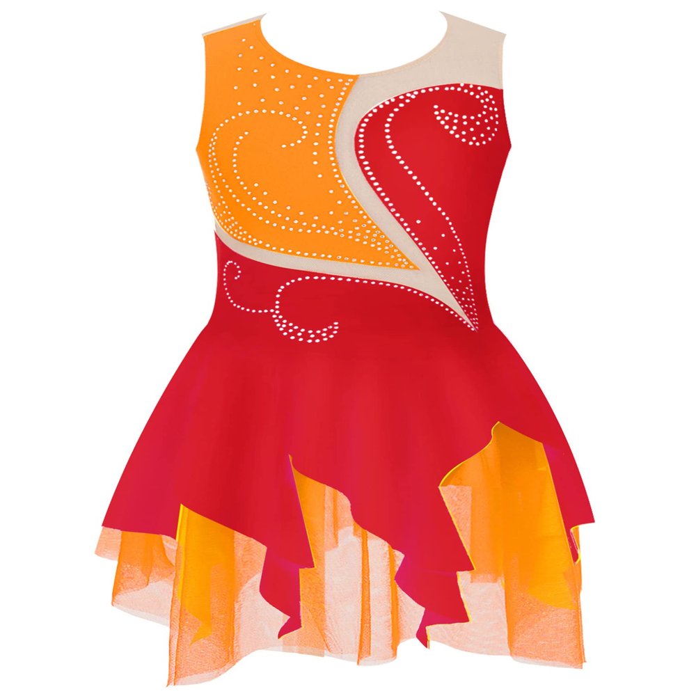 Aislor Girls Sleeveless Figure Ice Roller Skating Dress Rhinestone Gymnastic Leotard Competition Costume Skating wear Red 10 Years
