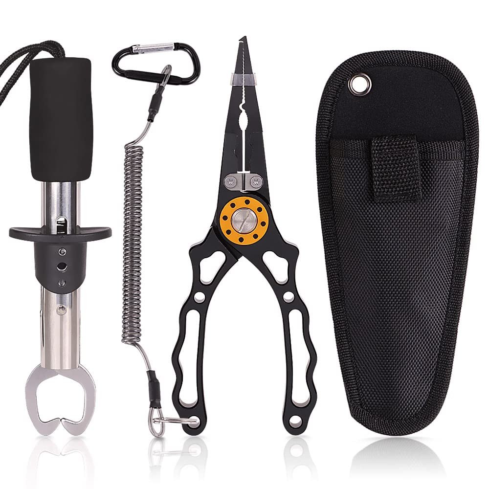 Aluminum Alloy Lure Pliers Fishing Pliers Fish Control Device Fishing Tackle Supplies Set with a Release Cord (Black)