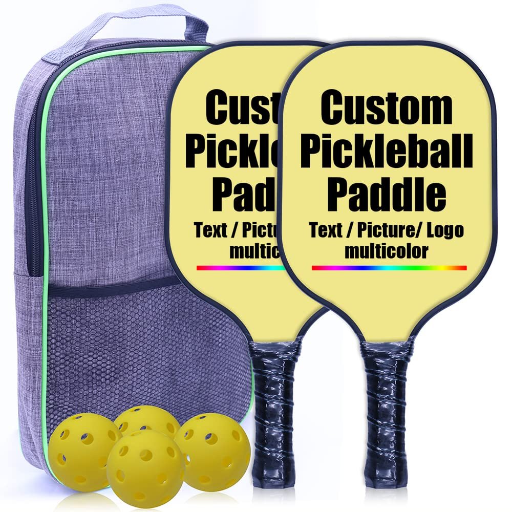 Personalized Pickleballs Paddles, Customized Add Your Photo Text Logo, Pickle Ball Paddle Gifts for Beginners & Pros, 2 Racquets, 4 Pickleballs & 1 Carry Bag, Khaki-2 Player Set