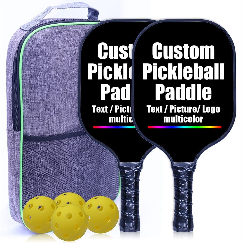 Custom Pickleballs Paddles, Add Your Photo, Text, Logo, Graphite Pickleballs Paddle with Comfort Grip, Pickleball Set of 2 Paddles with 4 Balls, and Portable Carry Bag, Black-2 Player Set
