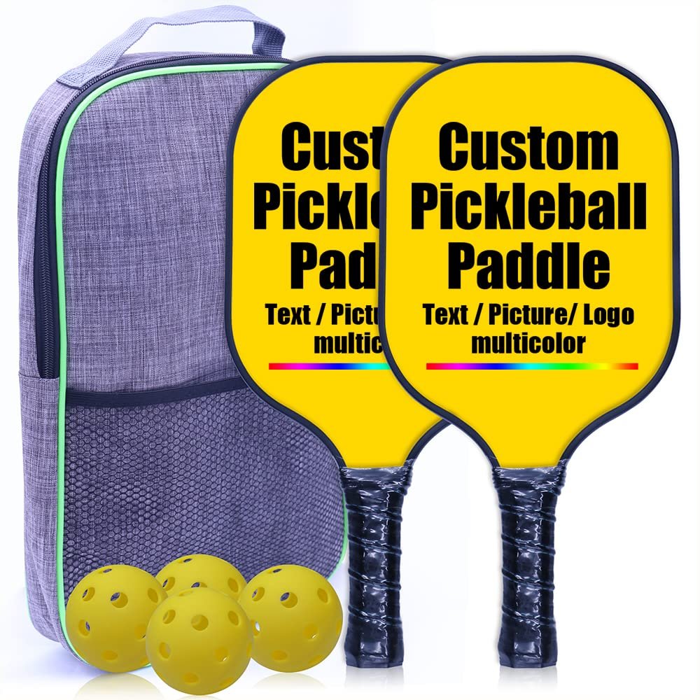 Customized Pickleballs Paddles, Personalized Add Your Photo Text Logo, Pickle Ball Paddle Gifts for Beginners & Pros, 2 Racquets, 4 Pickleballs & 1 Carry Bag, Gold-2 Player Set
