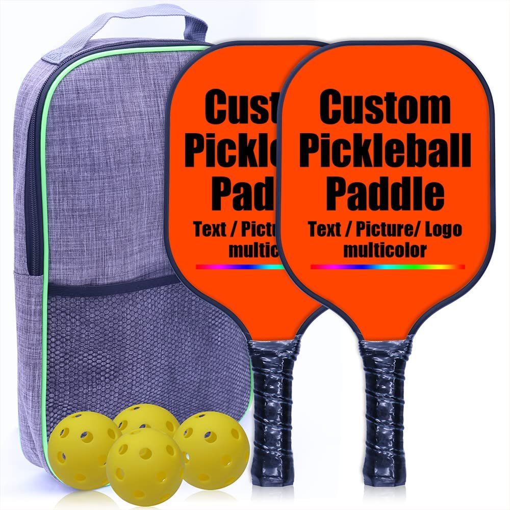 Customize Pickleballs Paddles, Personalized Add Your Photo Text Logo, Pickle Ball Paddle Gifts for Beginners & Pros, 2 Racquets, 4 Pickleballs & 1 Carry Bag, OrangeRed-2 Player Set