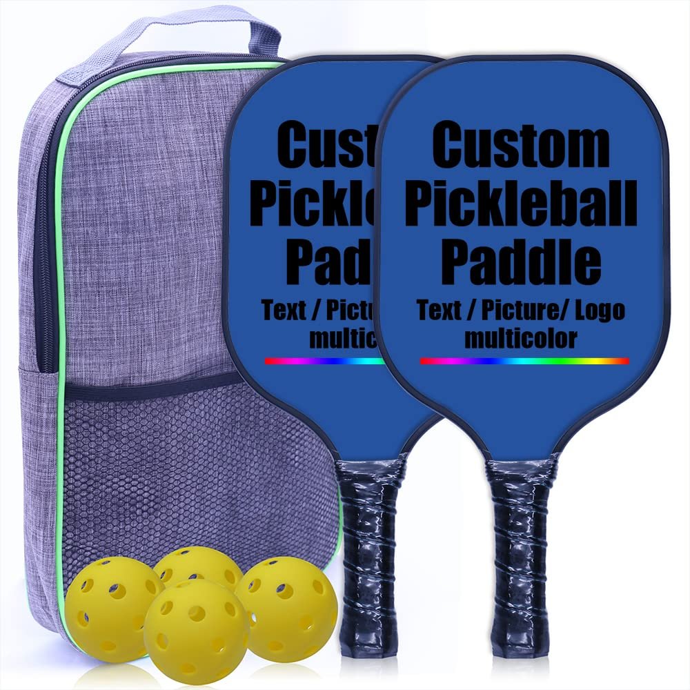 Customized Pickleballs Paddles, Personalized Add Your Photo Text Logo, Pickle Ball Paddle Gifts for Beginners & Pros, 2 Racquets, 4 Pickleballs & 1 Carry Bag, RoyalBlue-2 Player Set