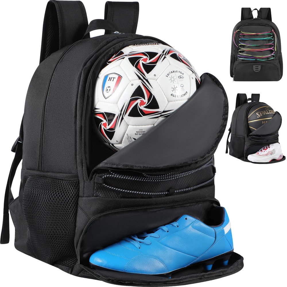 Soccer Ball Bag Backpack for Men Women with Ball & Shoes Compartment 32L Capacity Lightweight Breathable Boys Girls Basketball Bag Backpack Fit Volleyball Football Sports Travel School Gym Black Edge