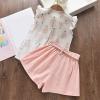 Summer Girls Pineapple Print Small Flying Sleeve Shirt Solid Color Lace Up Shorts Two Piece Set (Green, 5-6 Years) view 2