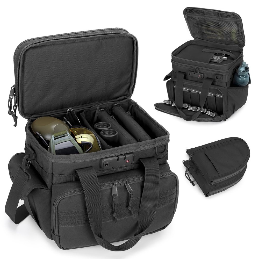 GOBUROS Tactical Gun Range Bag with 3 Pistols Capacity and TSA Lock, Gun Duffle Bag with 2 Small Pistol Cases and 12x Magazine Slots, Multi-Pockets for Hunting and Shooting Range Gear, Black