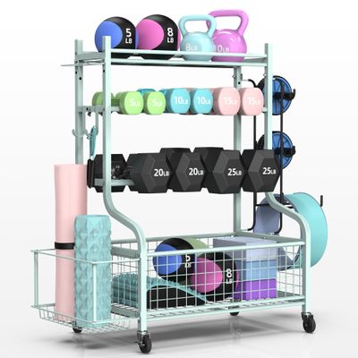 PLKOW Dumbbell Rack, Weight Rack for Dumbbells, Home Gym Storage for Dumbbells Kettlebells Yoga Mat and Balls, Multifunctional Workout Storage with Wheels and Hooks, Powder Coated Finish Steel
