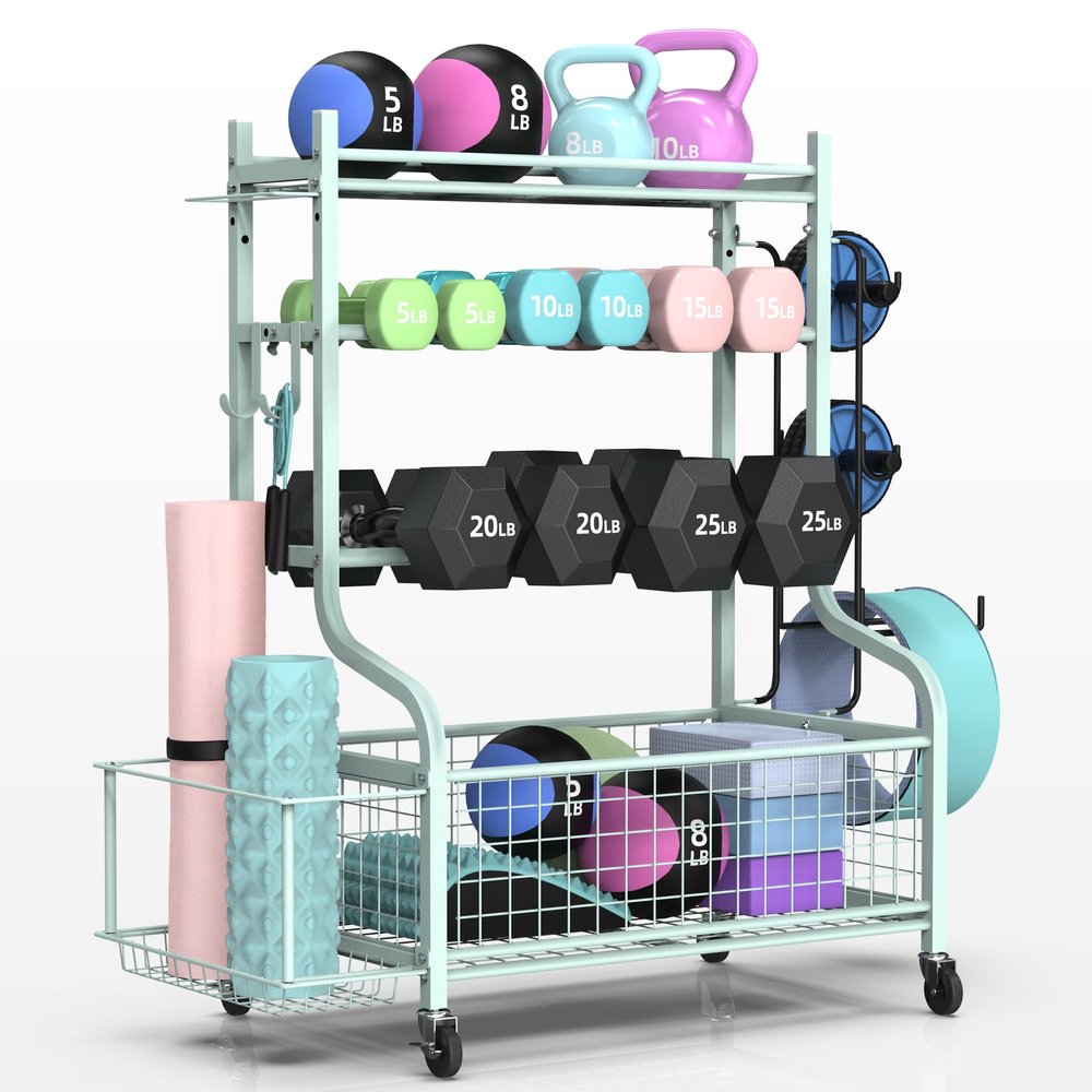 PLKOW Dumbbell Rack, Weight Rack for Dumbbells, Home Gym Storage for Dumbbells Kettlebells Yoga Mat and Balls, Multifunctional Workout Storage with Wheels and Hooks, Powder Coated Finish Steel
