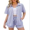 Flygo Women Two Piece Casual Outfits Y2K Loungewear Pleated Short Pants Button Down Shirt Streetwear Sets(Purple-M) view 2